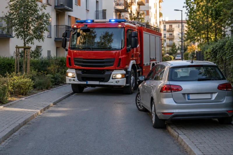 Wóz strażacki na drodze zwężonej przez źle zaparkowany samochód