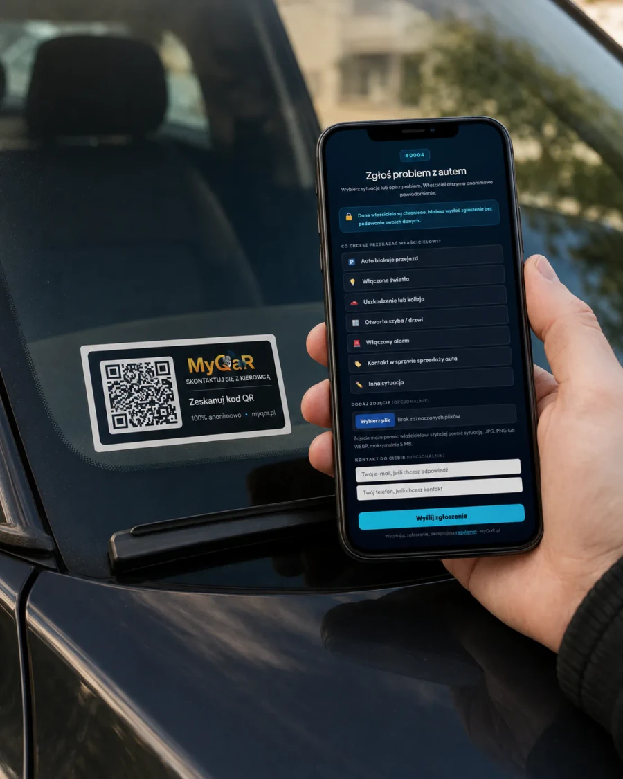 Naklejka MyQaR na szybie samochodu i telefon z formularzem zgłoszenia