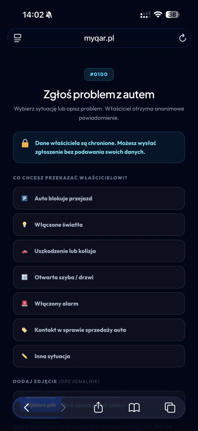 Formularz MyQaR w telefonie z kategoriami zgłoszeń: blokowanie przejazdu, światła, uszkodzenie, szyba i alarm.