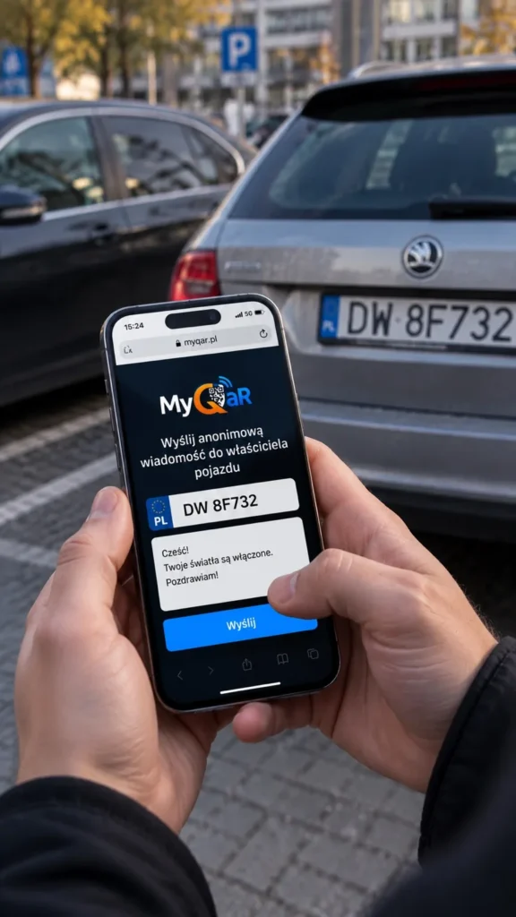 Telefon z przykładowym formularzem MyQaR i numerem odpowiadającym tablicy auta w tle – wizualizacja kontaktu po rejestracji.