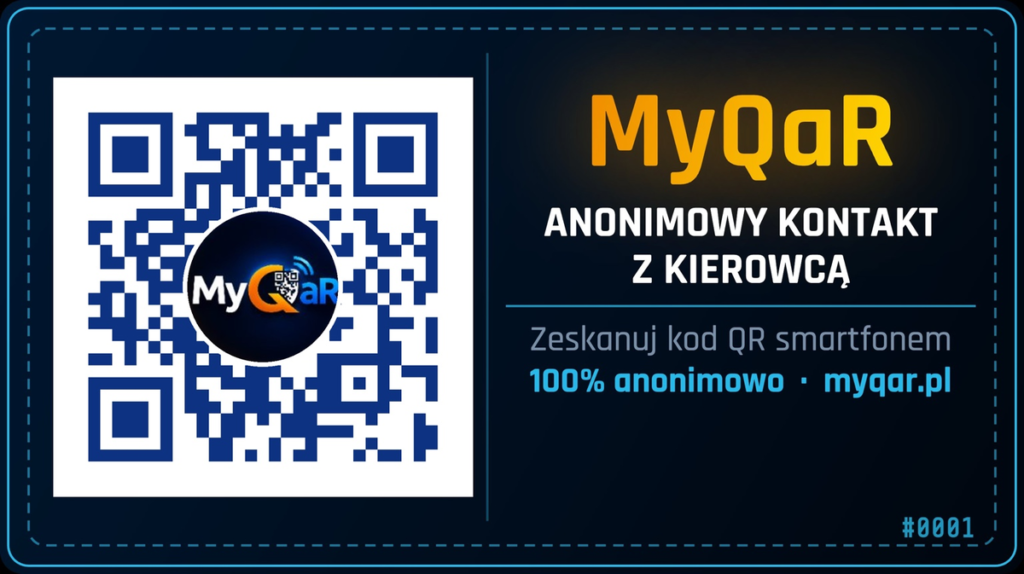 Naklejka QR na samochód MyQaR z kodem po lewej i informacją o anonimowym kontakcie z kierowcą.