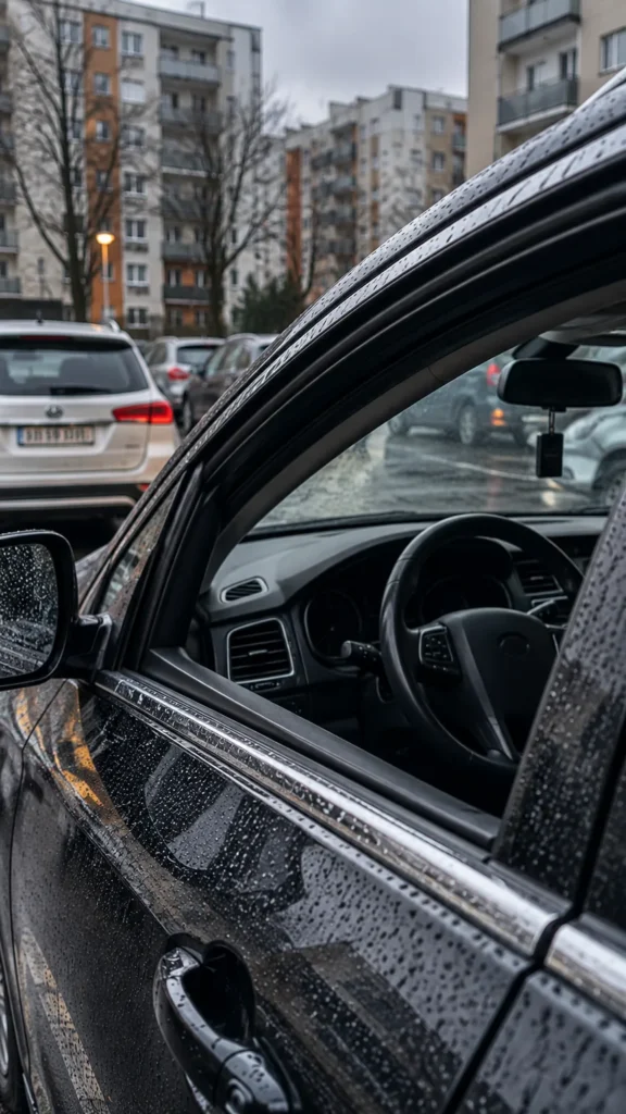 Otwarta boczna szyba zaparkowanego samochodu na mokrym osiedlowym parkingu – wizualizacja.