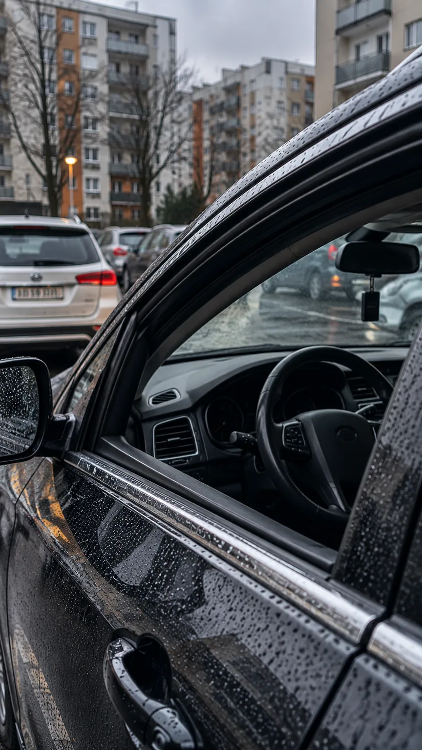 Otwarta boczna szyba zaparkowanego samochodu na mokrym osiedlowym parkingu – wizualizacja.