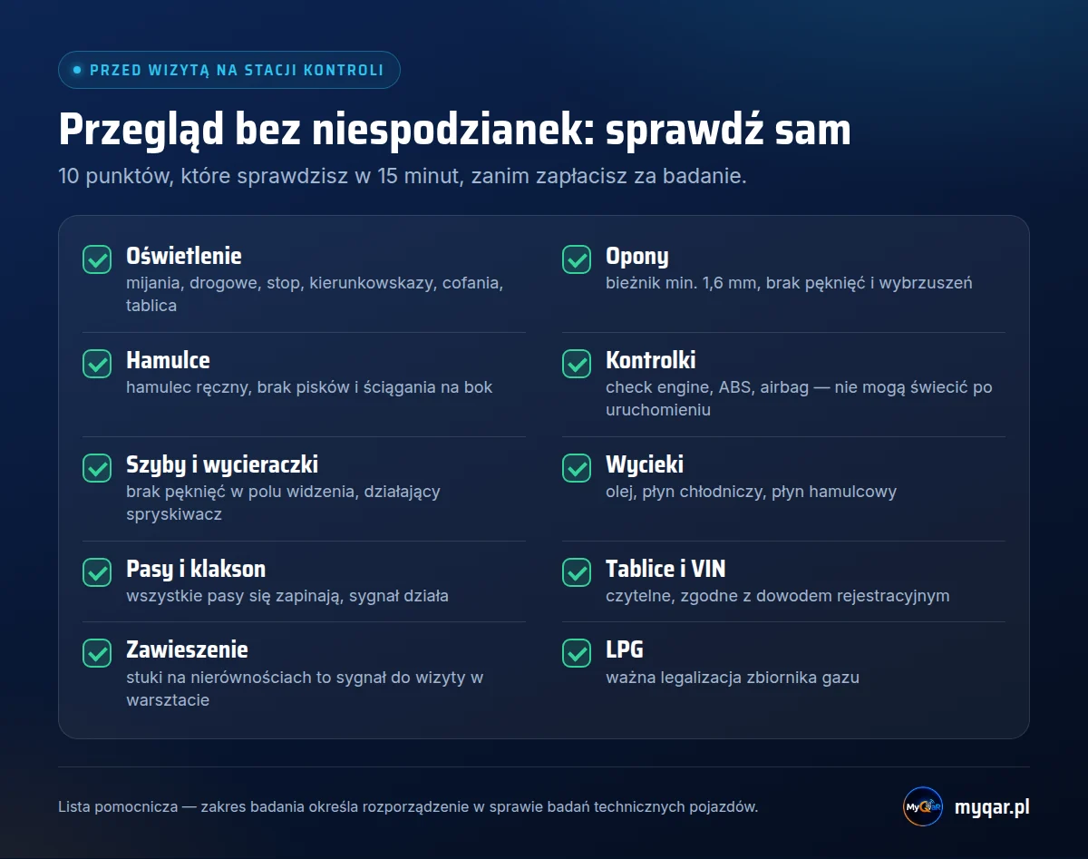 Lista kontrolna przed przeglądem samochodu: oświetlenie, opony z bieżnikiem minimum 1,6 mm, hamulce, kontrolki, szyby i wycieraczki, wycieki, pasy i klakson, tablice i VIN, zawieszenie, legalizacja zbiornika LPG